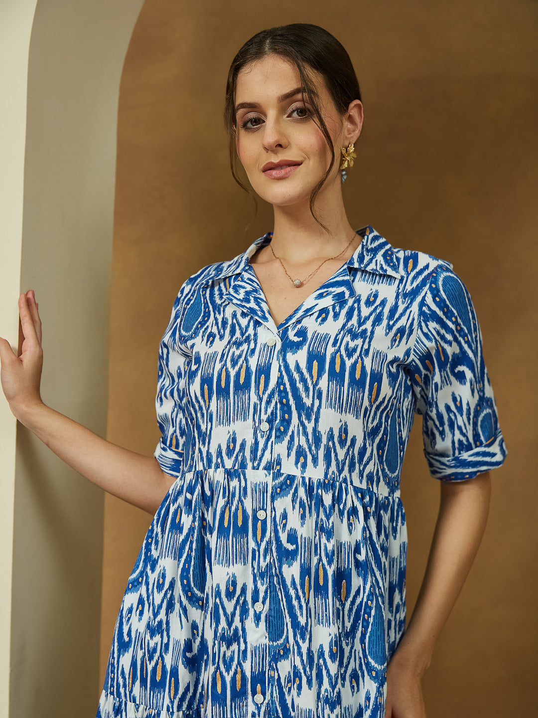 Ninnique Women's Indigo Blue Linen Cotton Ikkat Printed Tiered Dress