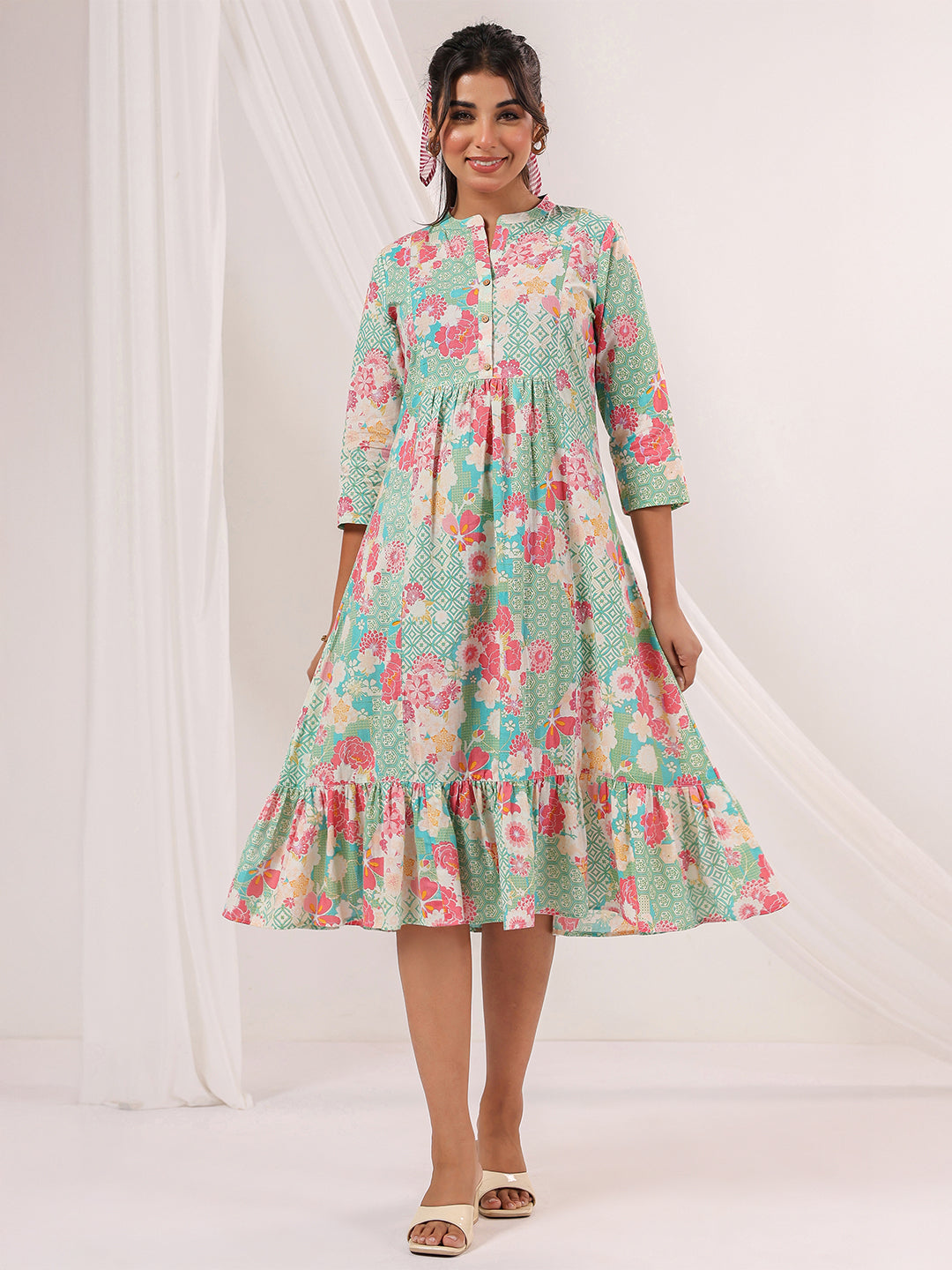 Ninnique Women's Mint Green Pure Cotton Floral Printed A-line Dress
