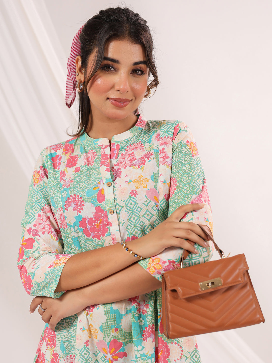 Ninnique Women's Mint Green Pure Cotton Floral Printed A-line Dress