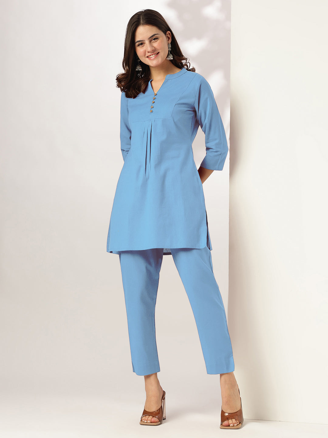 Ninnique Women's Light Blue Cotton Solid A-line Co-ord Set