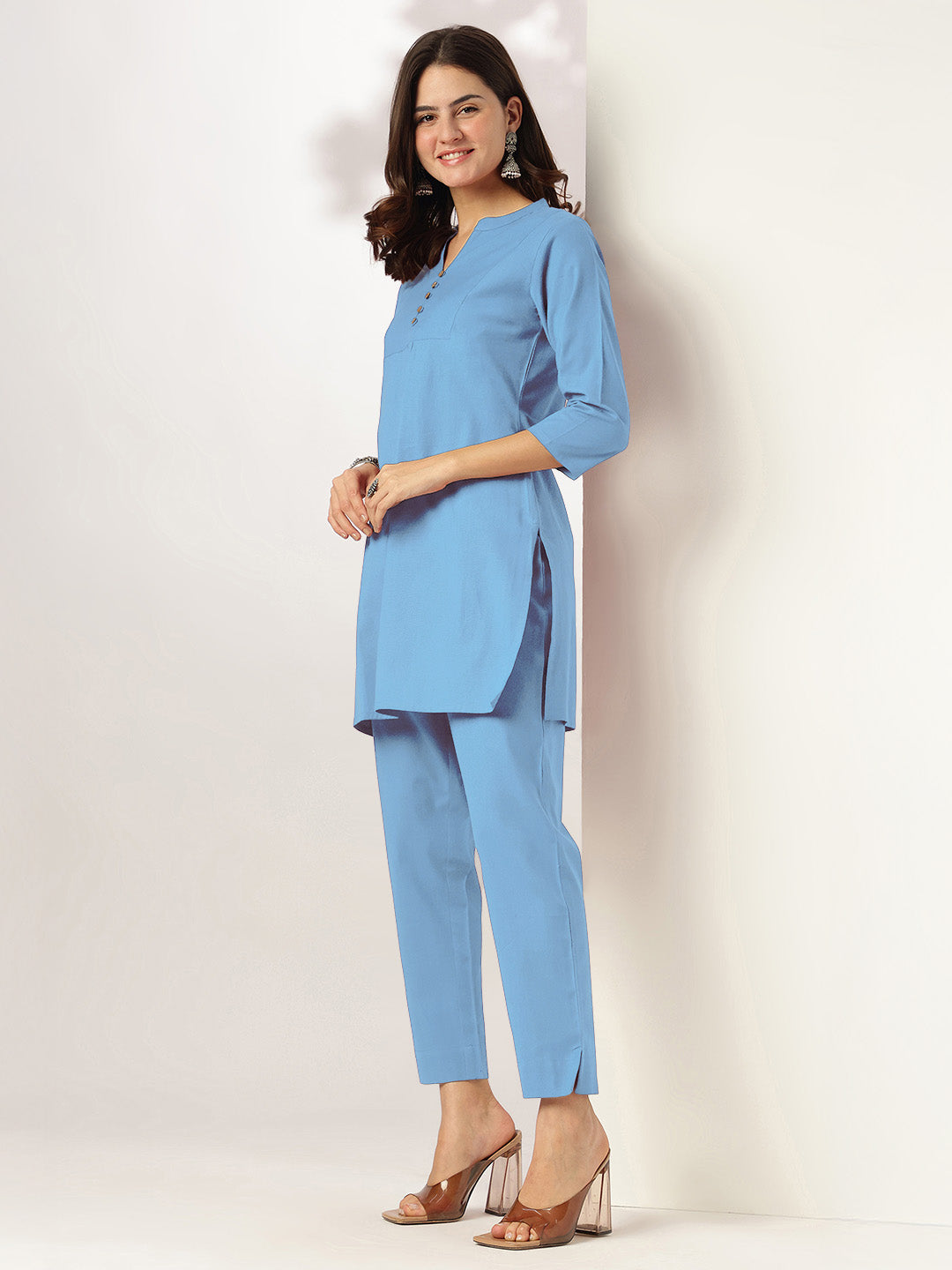 Ninnique Women's Light Blue Cotton Solid A-line Co-ord Set