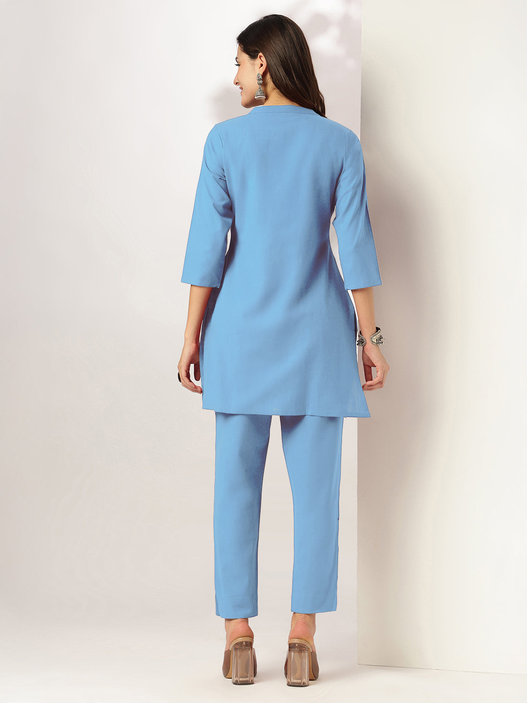 Ninnique Women's Light Blue Cotton Solid A-line Co-ord Set