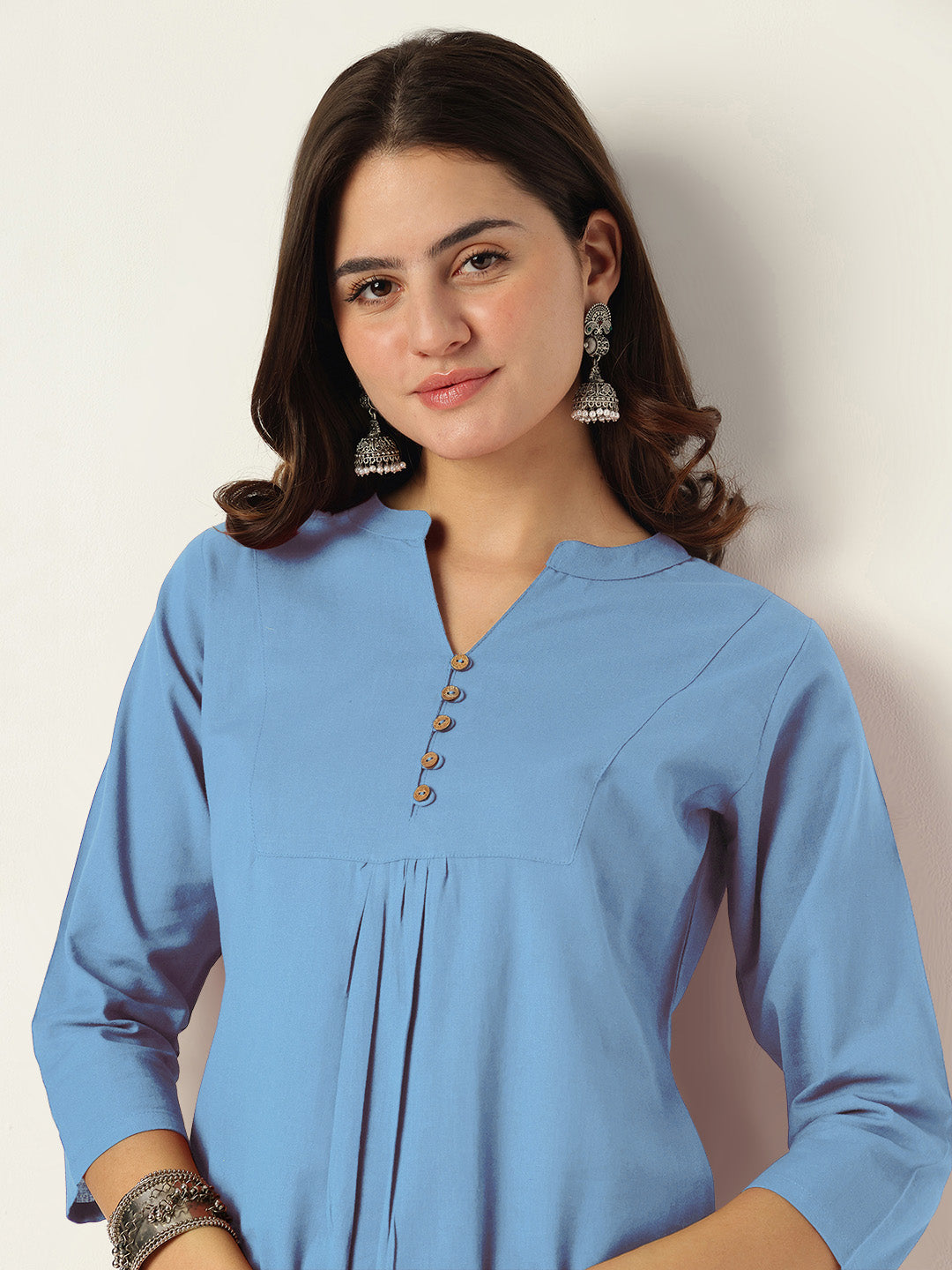Ninnique Women's Light Blue Cotton Solid A-line Co-ord Set