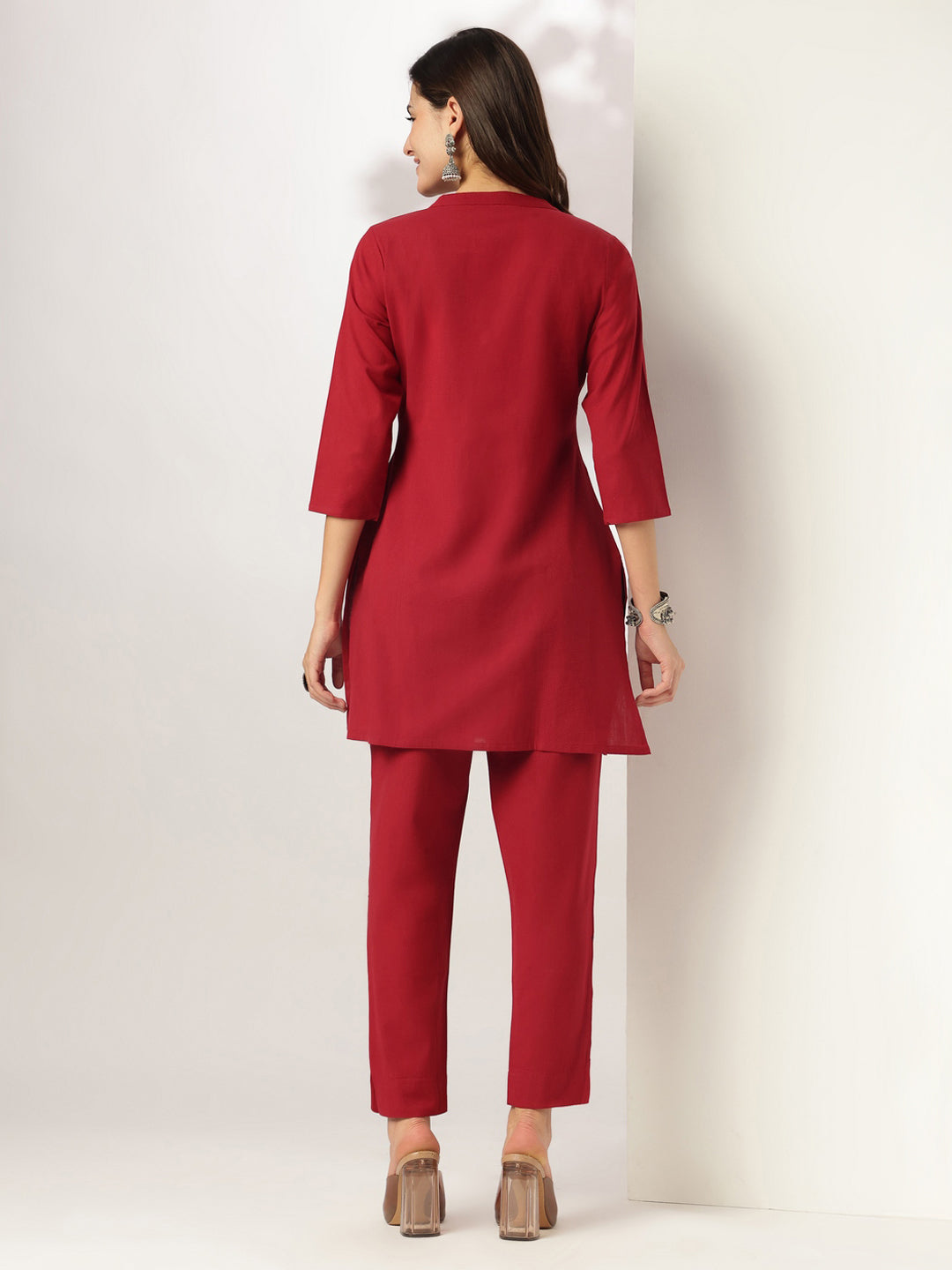 Maroon Cotton Solid A-line Co-ord Set