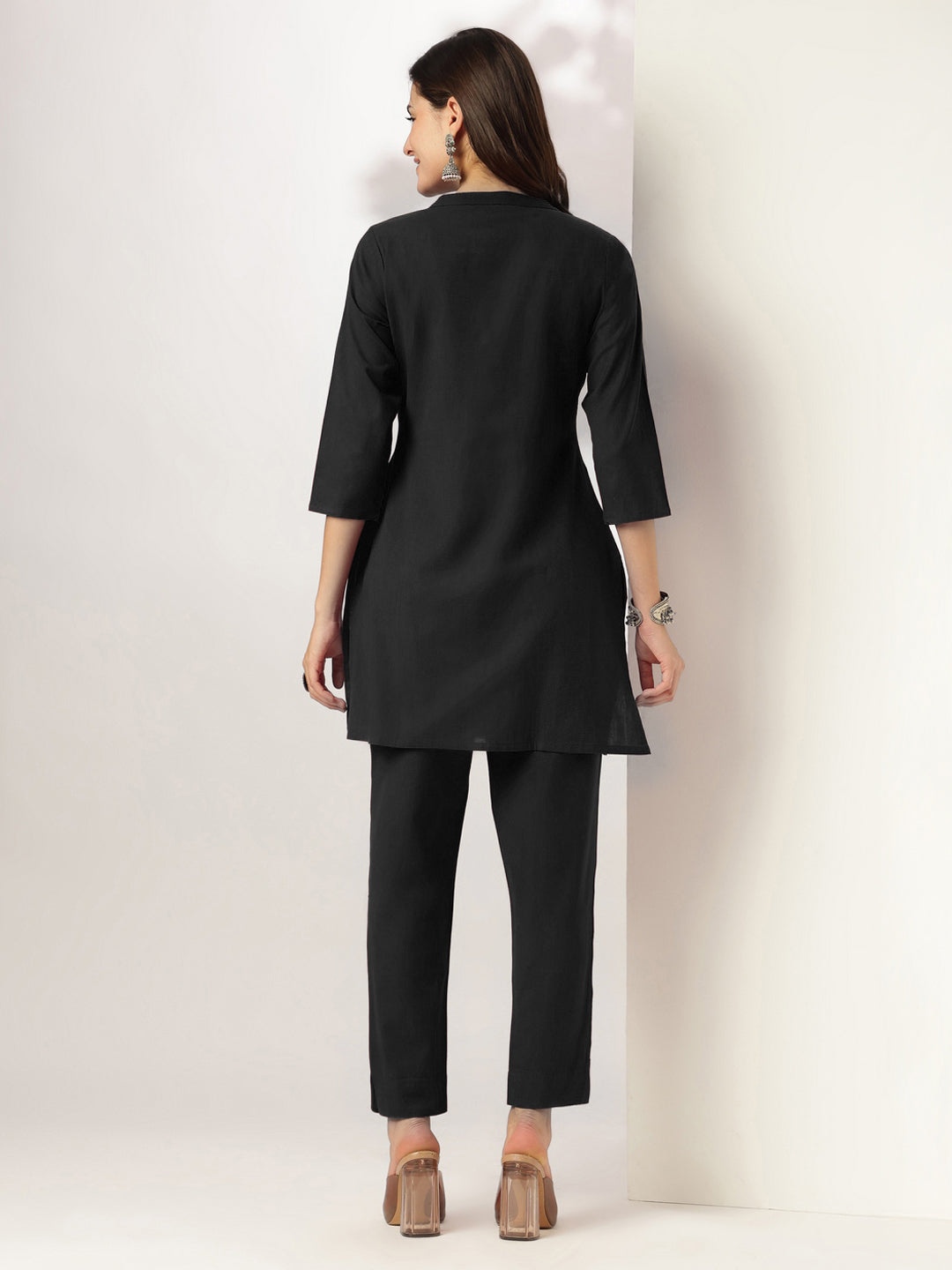 Ninnique Women's Black Cotton Solid A-line Co-ord Set