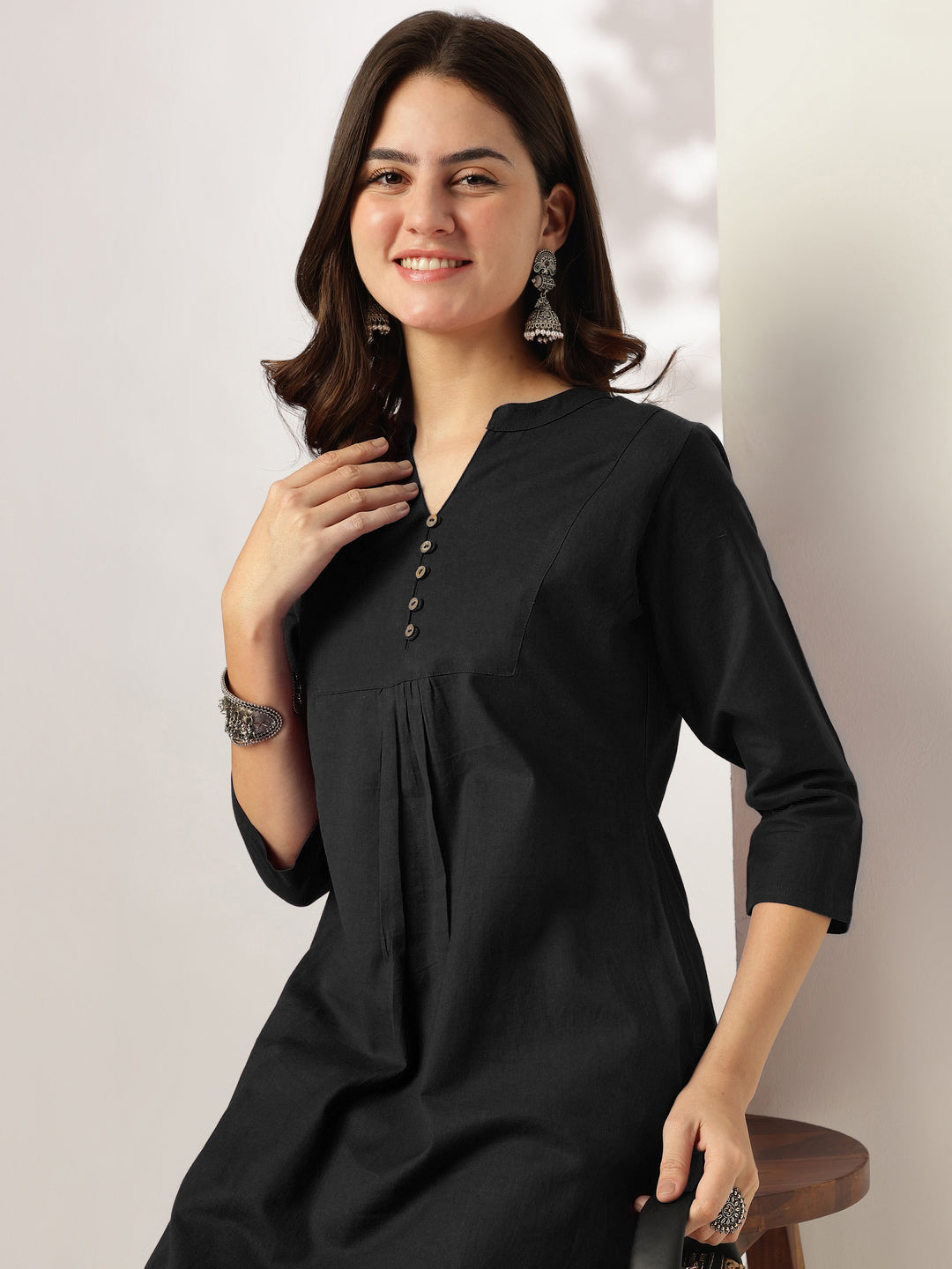 Ninnique Women's Black Cotton Solid A-line Co-ord Set