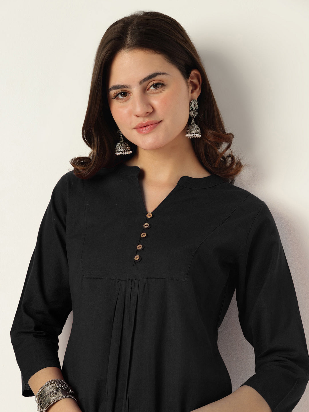 Ninnique Women's Black Cotton Solid A-line Co-ord Set