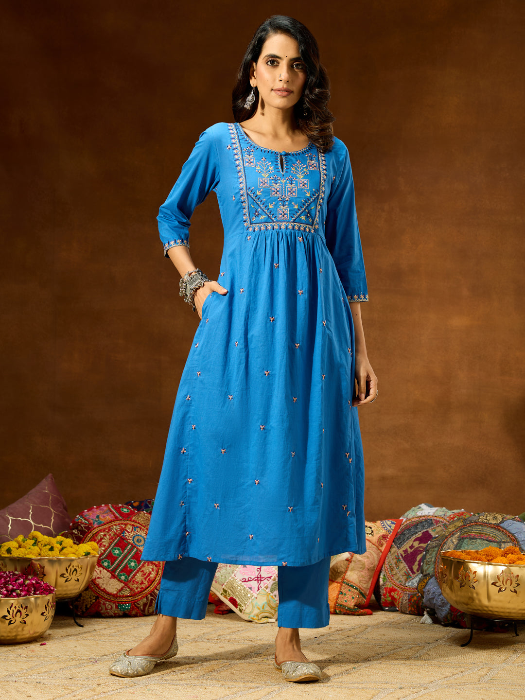 Ninnique Women's Blue Pure Cotton Embroidered A-line Kurta With Pant Set