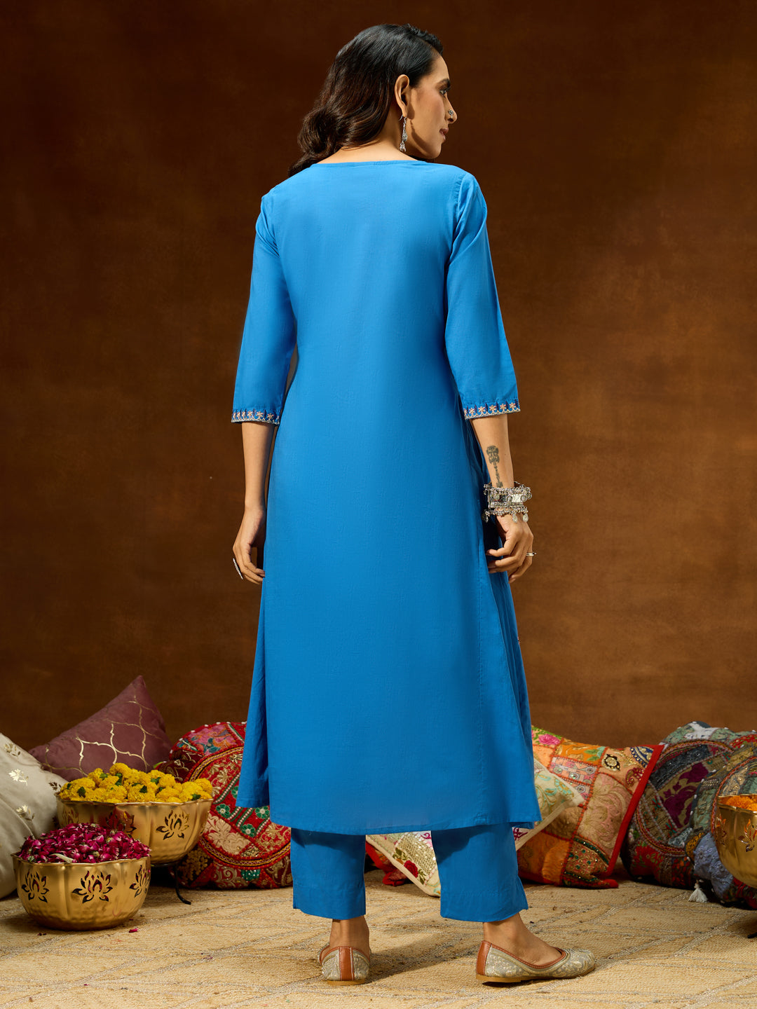 Ninnique Women's Blue Pure Cotton Embroidered A-line Kurta With Pant Set