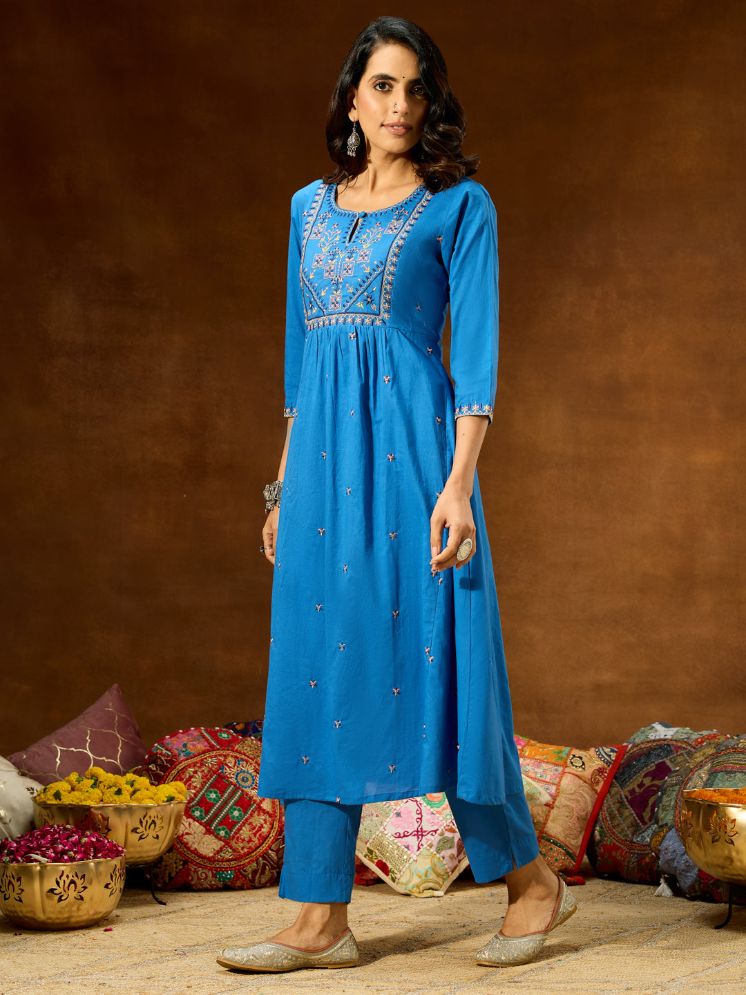 Ninnique Women's Blue Pure Cotton Embroidered A-line Kurta With Pant Set