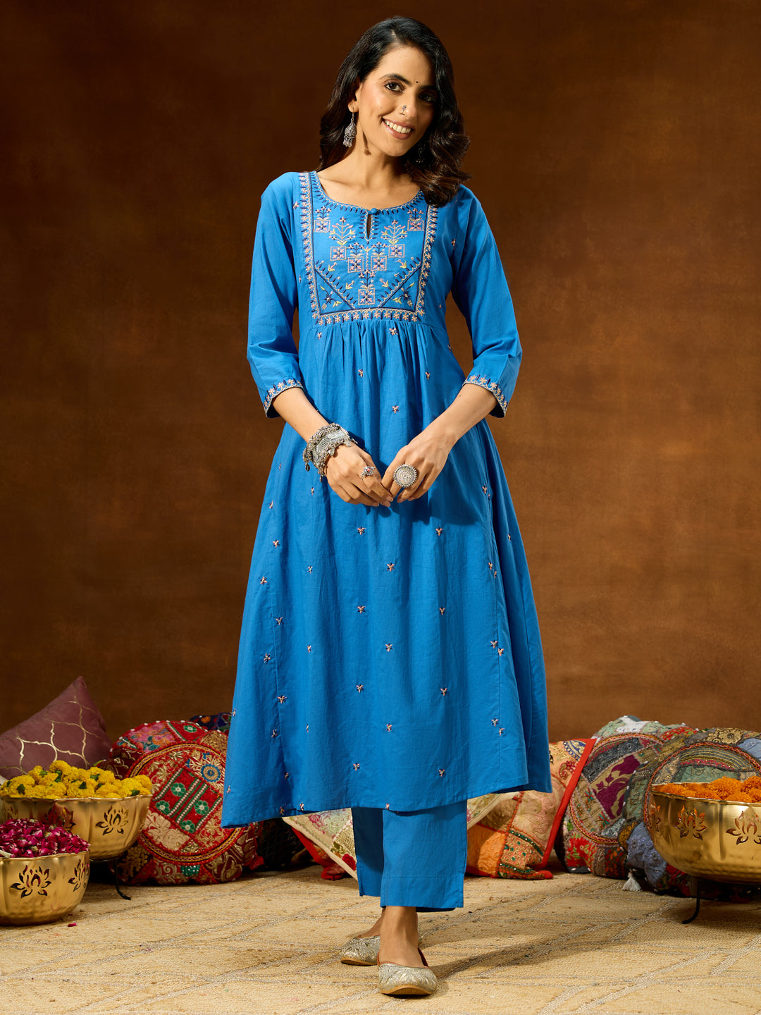Ninnique Women's Blue Pure Cotton Embroidered A-line Kurta With Pant Set