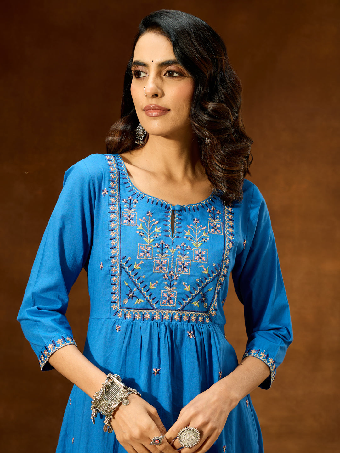 Ninnique Women's Blue Pure Cotton Embroidered A-line Kurta With Pant Set