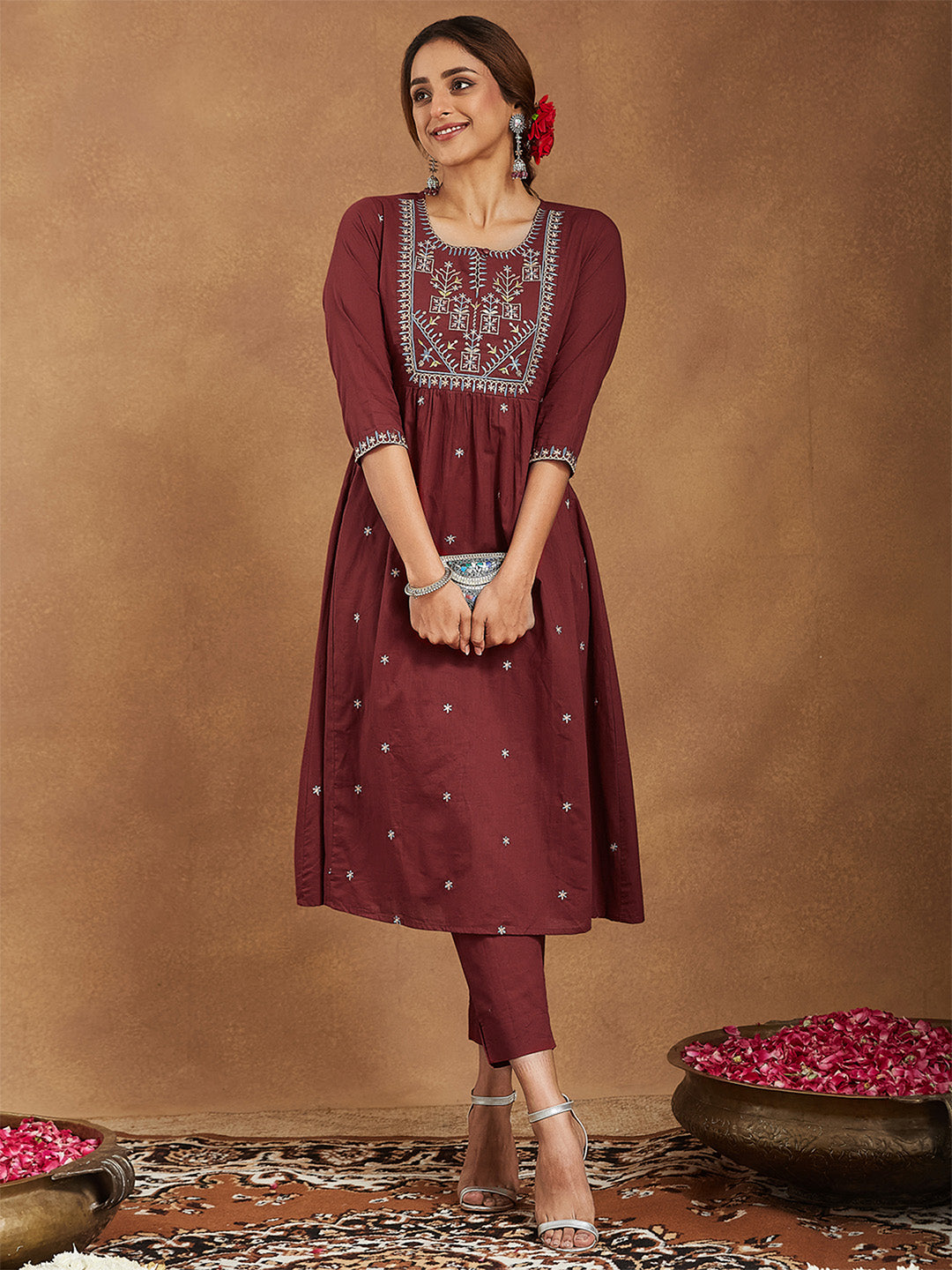 Ninnique Women's Maroon Pure Cotton Embroidered A-line Kurta With Pant Set