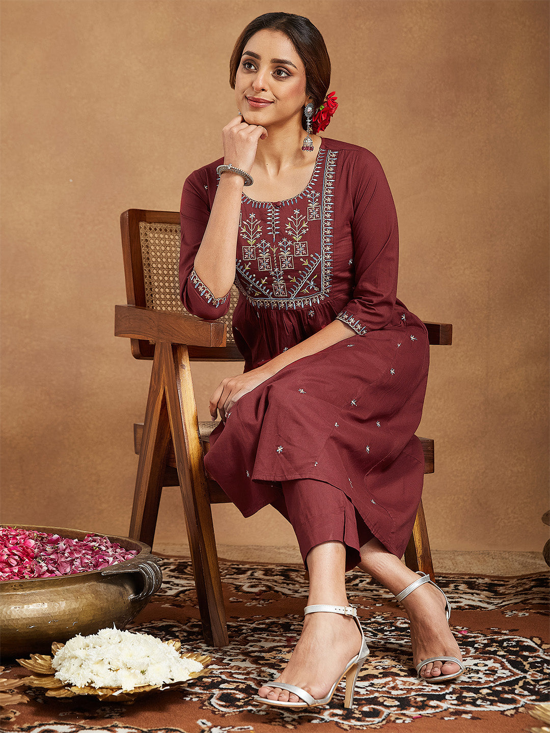 Ninnique Women's Maroon Pure Cotton Embroidered A-line Kurta With Pant Set