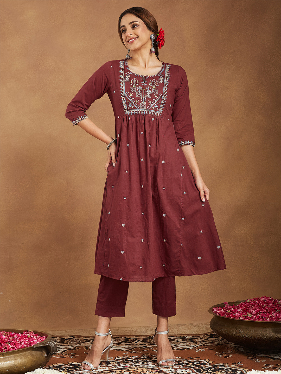 Ninnique Women's Maroon Pure Cotton Embroidered A-line Kurta With Pant Set