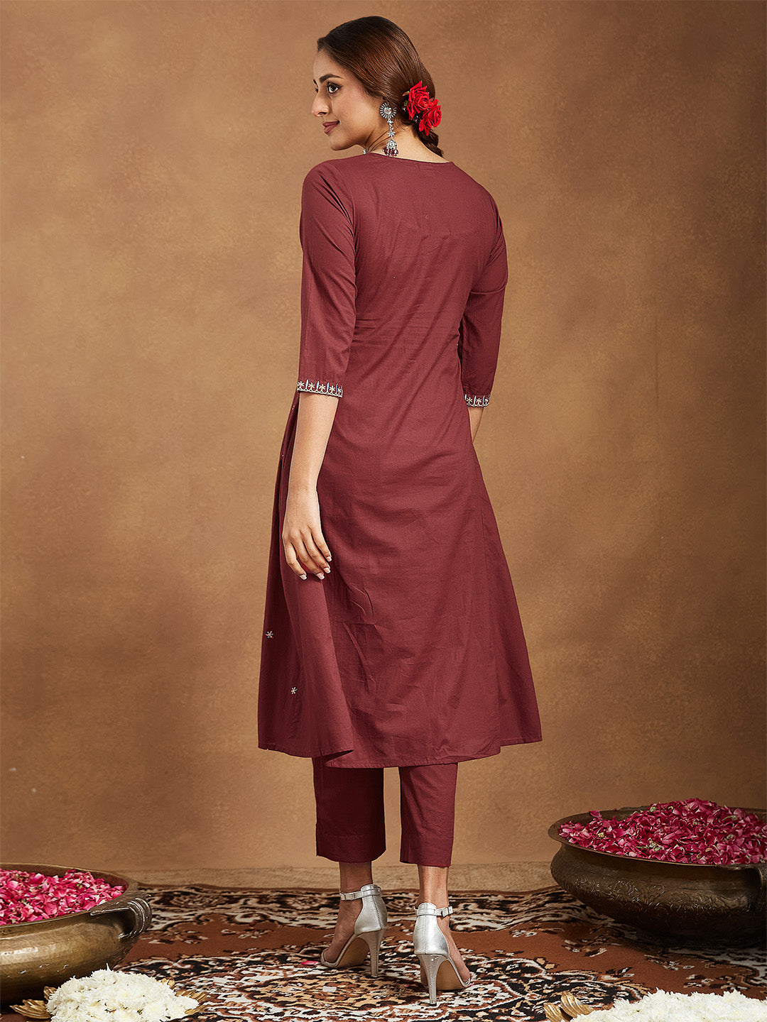 Ninnique Women's Maroon Pure Cotton Embroidered A-line Kurta With Pant Set