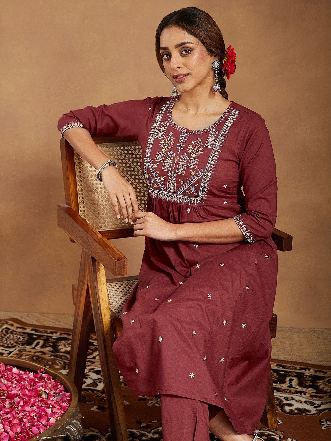 Ninnique Women's Maroon Pure Cotton Embroidered A-line Kurta With Pant Set