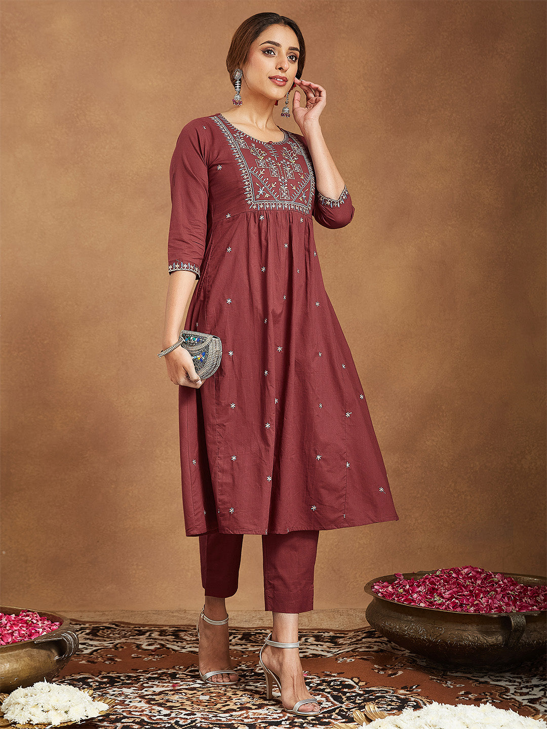 Ninnique Women's Maroon Pure Cotton Embroidered A-line Kurta With Pant Set