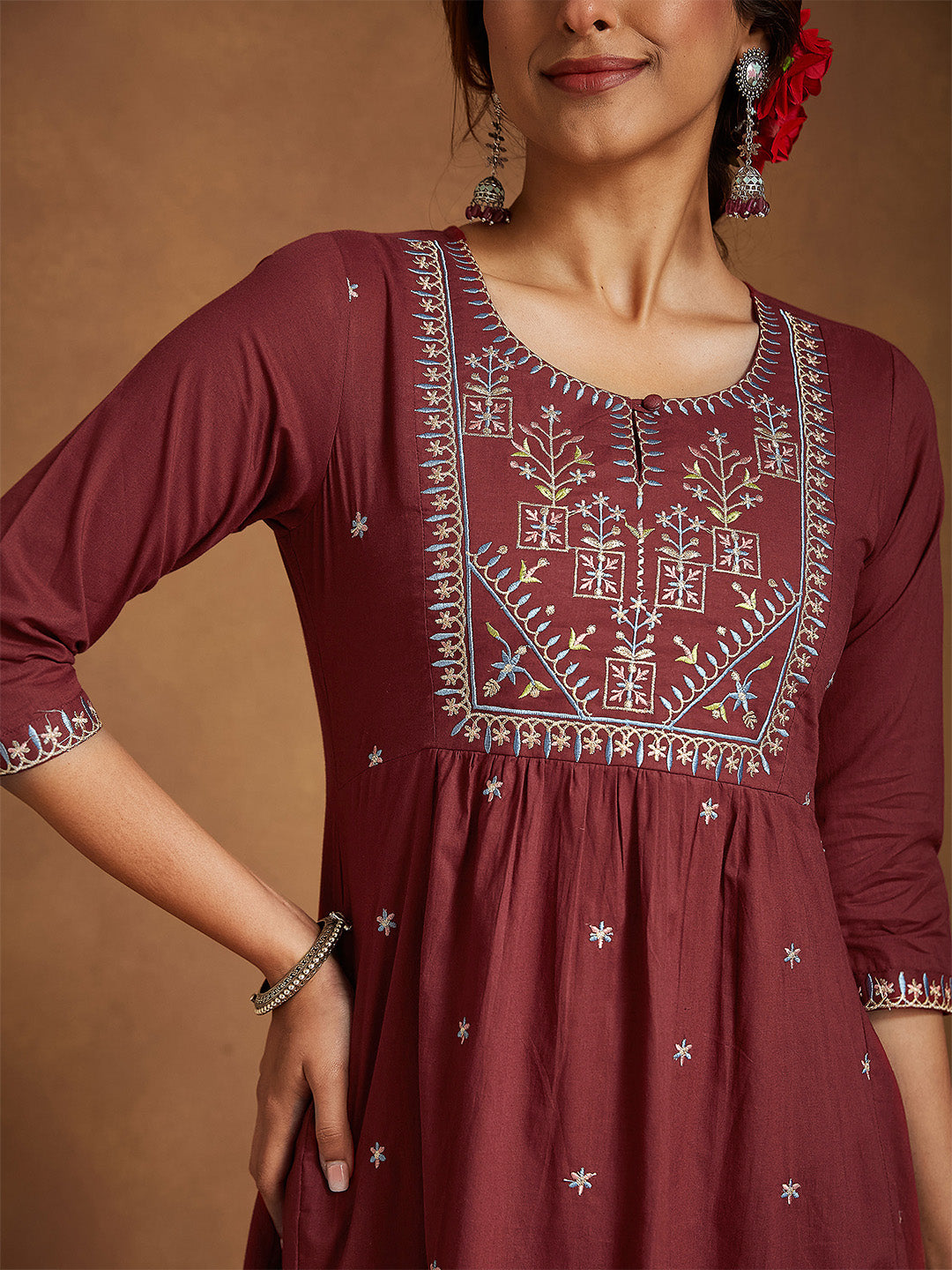 Ninnique Women's Maroon Pure Cotton Embroidered A-line Kurta With Pant Set