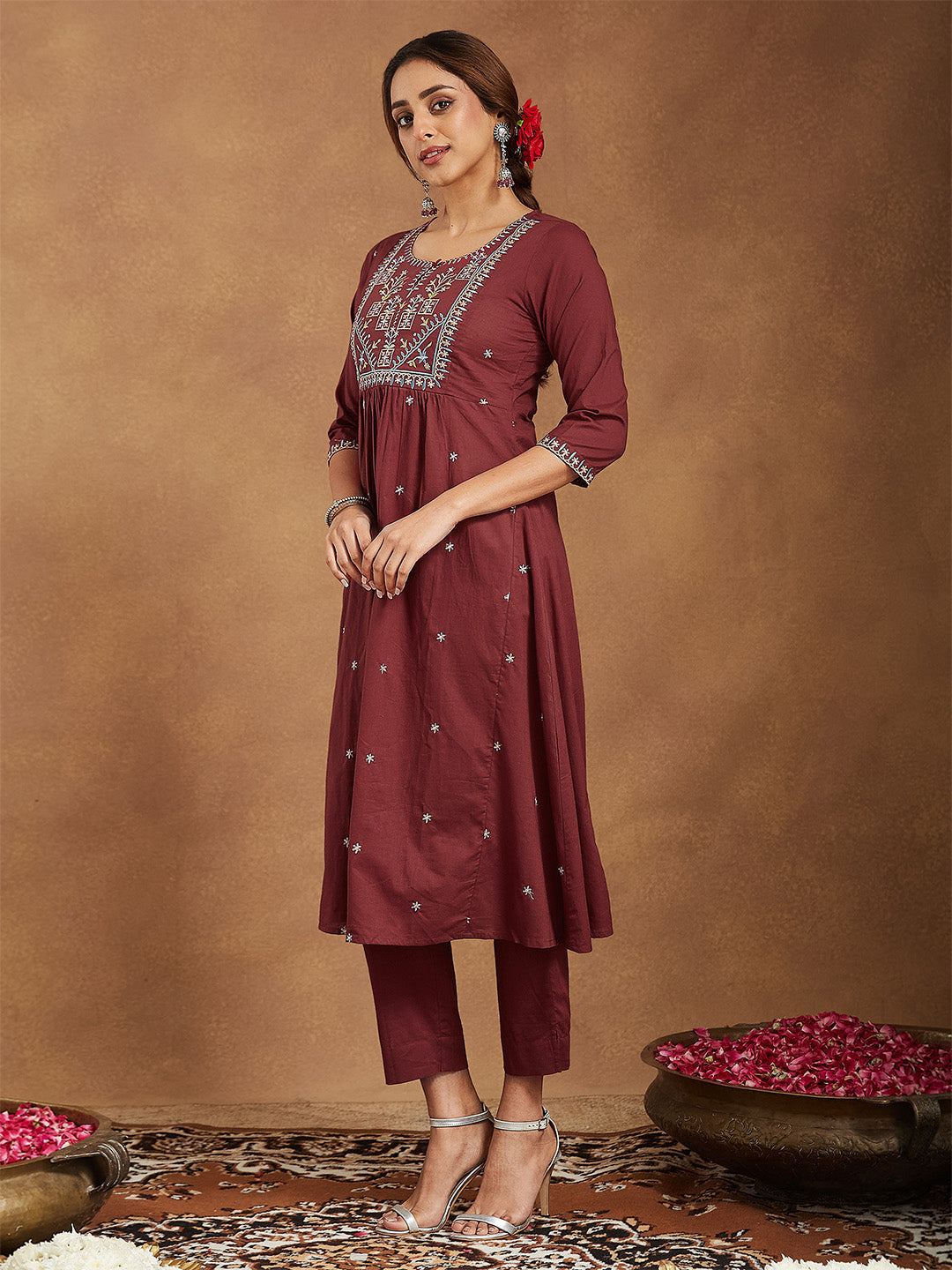 Ninnique Women's Maroon Pure Cotton Embroidered A-line Kurta With Pant Set