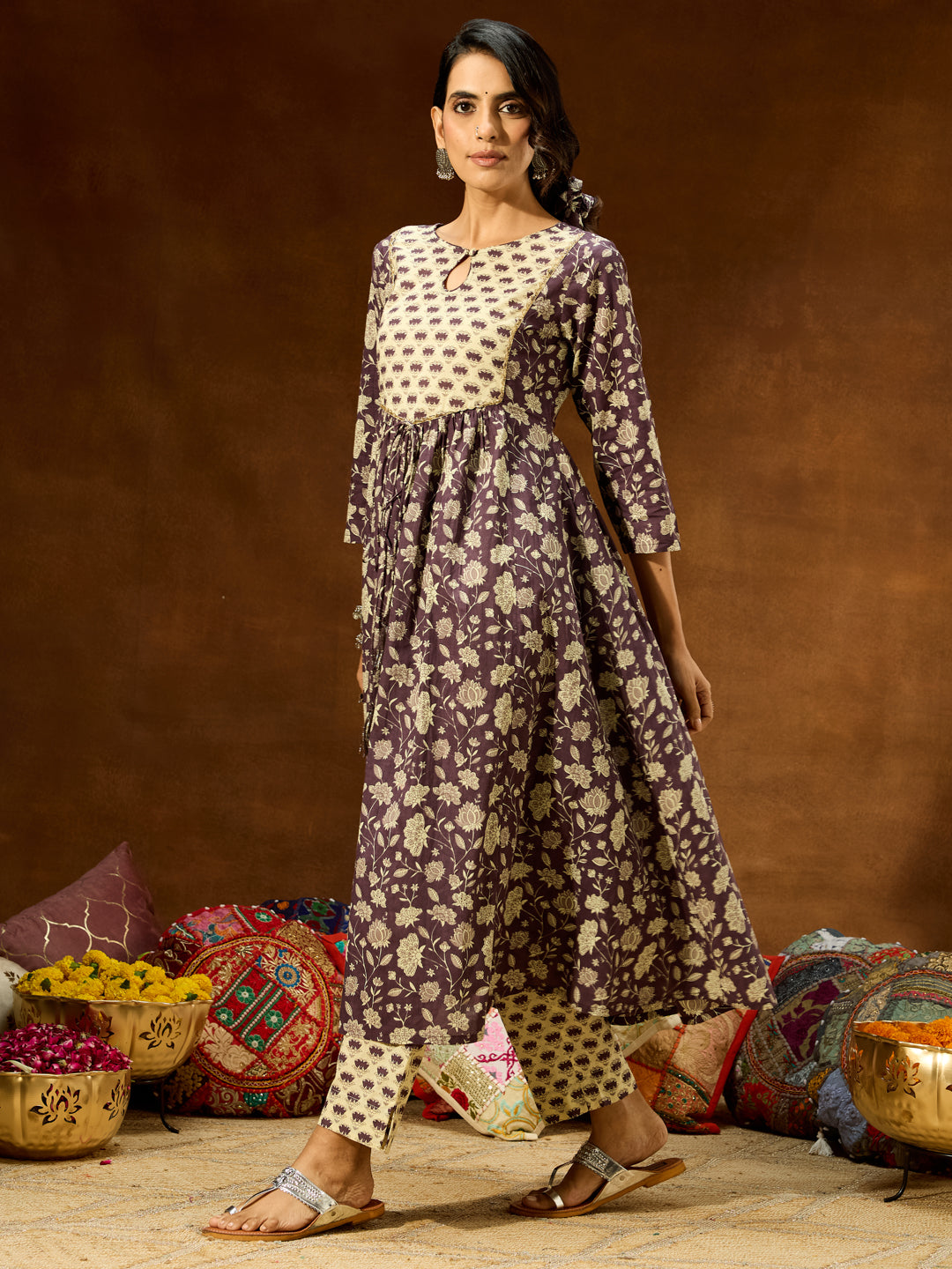 Ninnique Women's Purple Pure Cotton Floral Printed A-line Kurta Pant Set