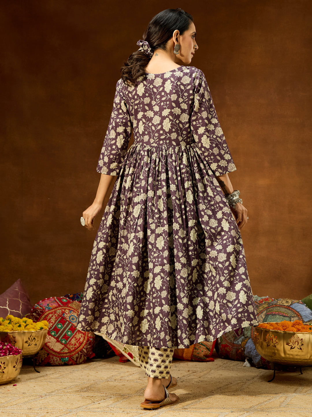Ninnique Women's Purple Pure Cotton Floral Printed A-line Kurta Pant Set