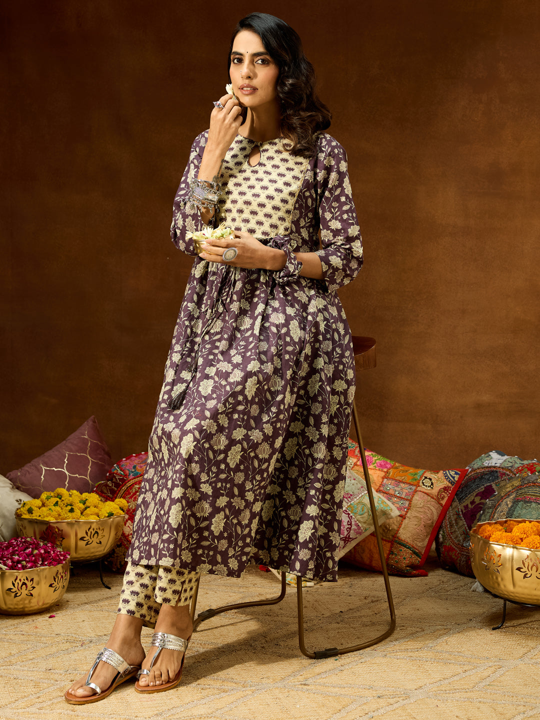 Ninnique Women's Purple Pure Cotton Floral Printed A-line Kurta Pant Set