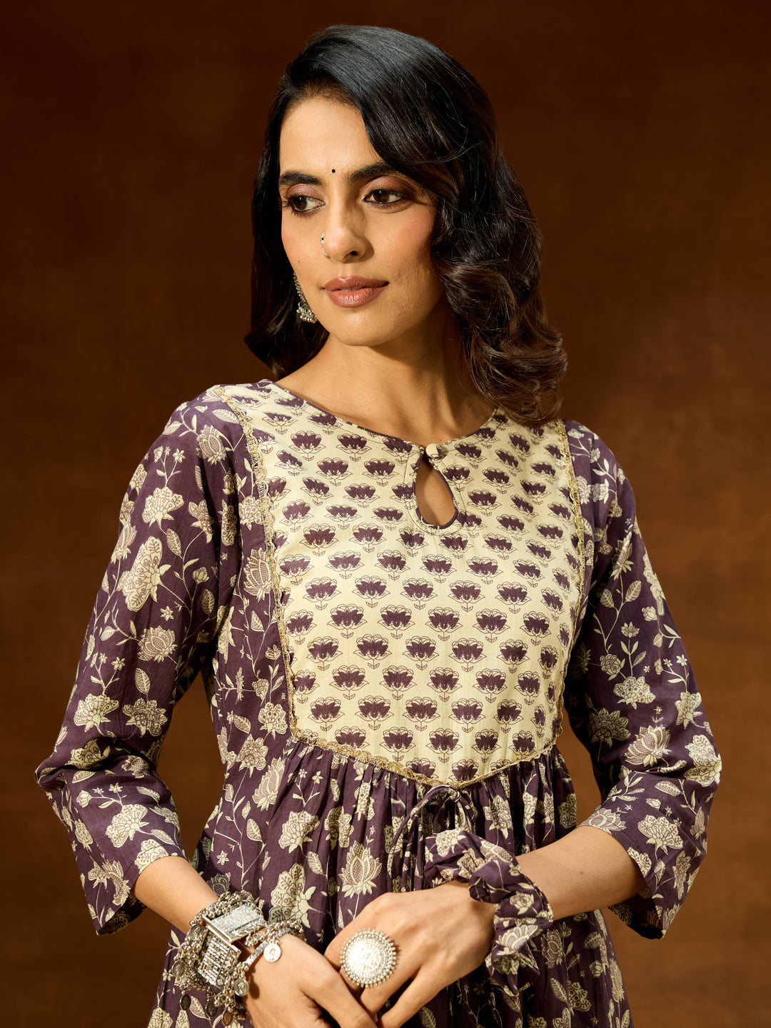 Ninnique Women's Purple Pure Cotton Floral Printed A-line Kurta Pant Set
