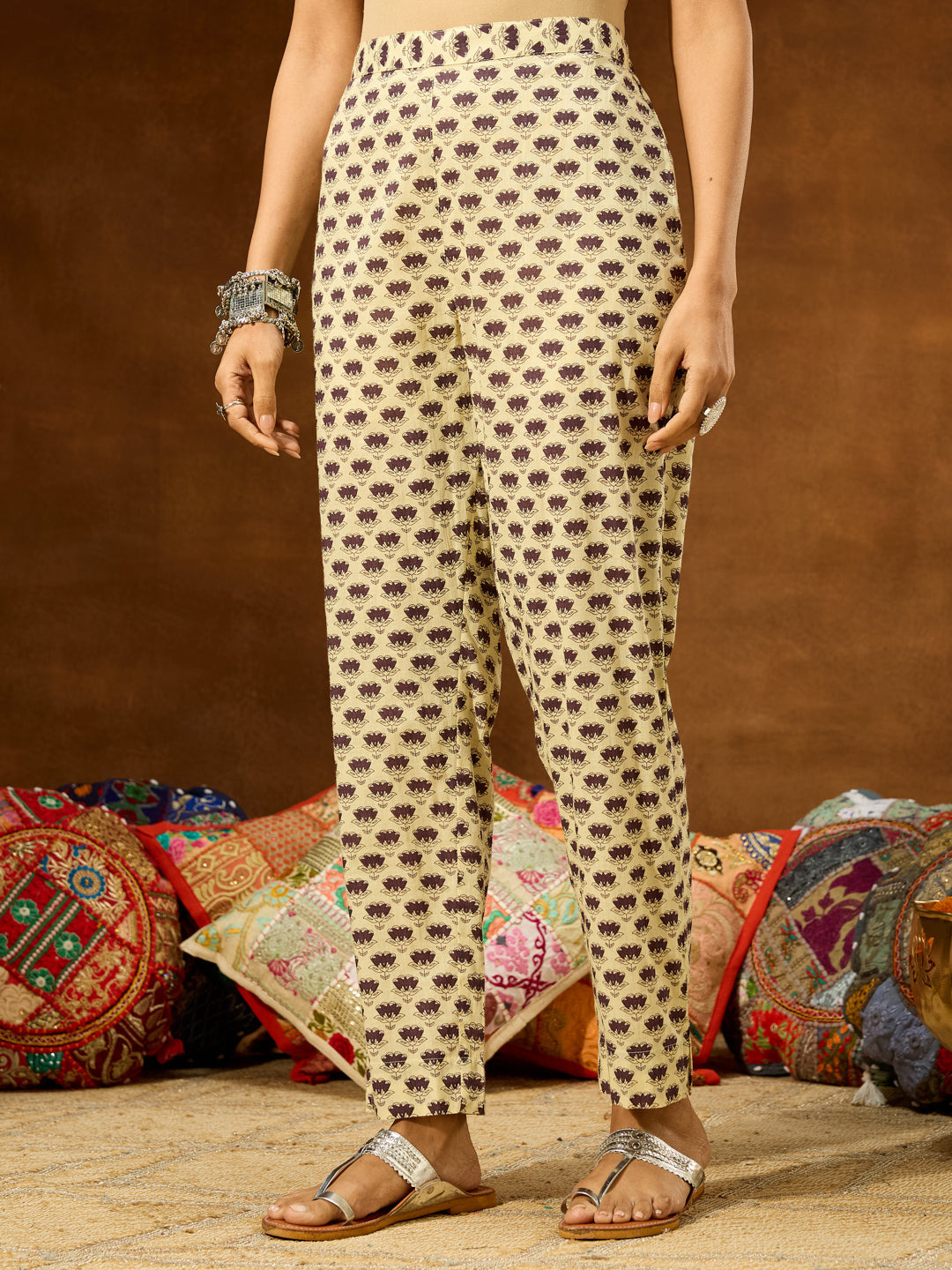 Ninnique Women's Purple Pure Cotton Floral Printed A-line Kurta Pant Set
