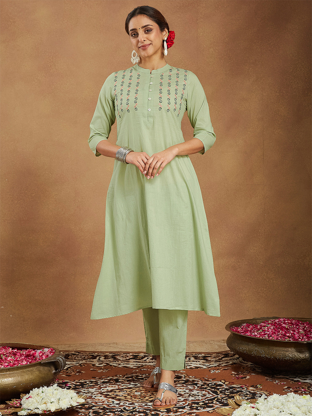 Ninnique Women's Mint Green Pure Cotton Embroidered A-line Kurta Pant Set