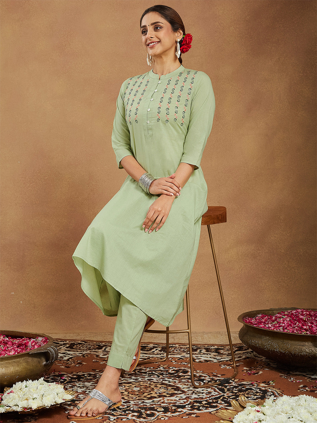Ninnique Women's Mint Green Pure Cotton Embroidered A-line Kurta Pant Set