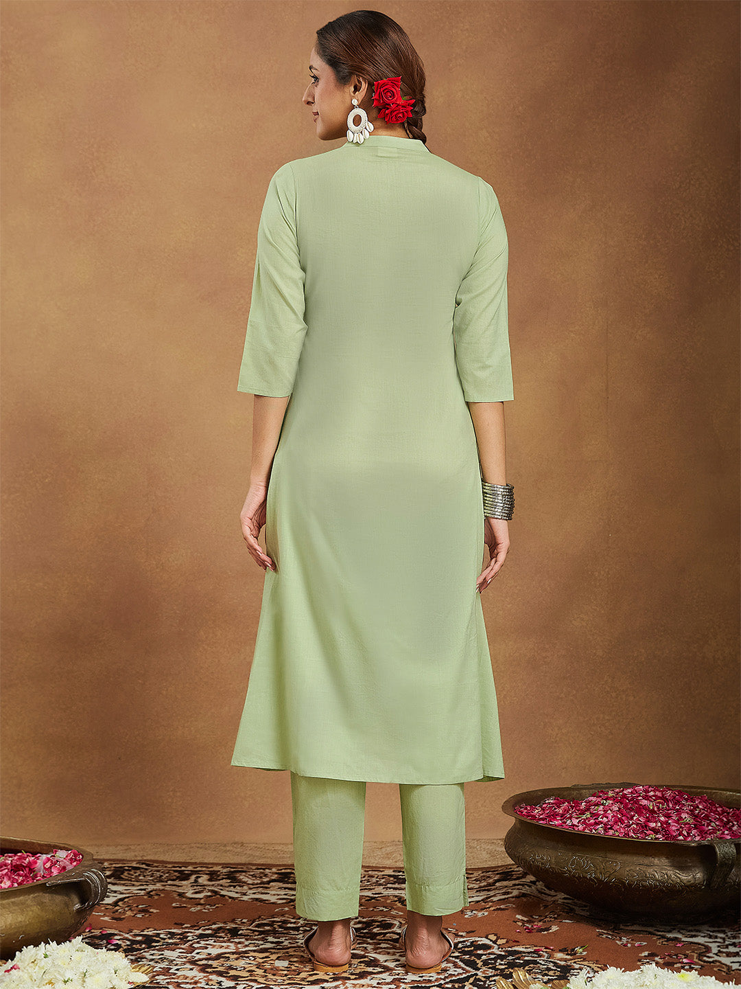 Ninnique Women's Mint Green Pure Cotton Embroidered A-line Kurta Pant Set