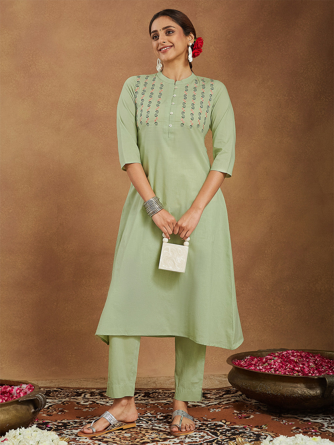 Ninnique Women's Mint Green Pure Cotton Embroidered A-line Kurta Pant Set
