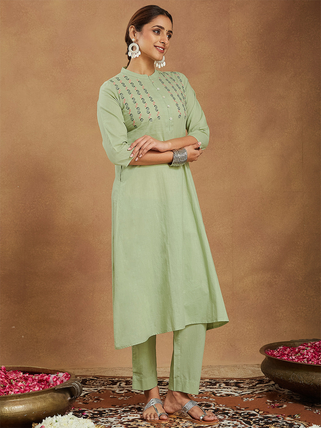 Ninnique Women's Mint Green Pure Cotton Embroidered A-line Kurta Pant Set