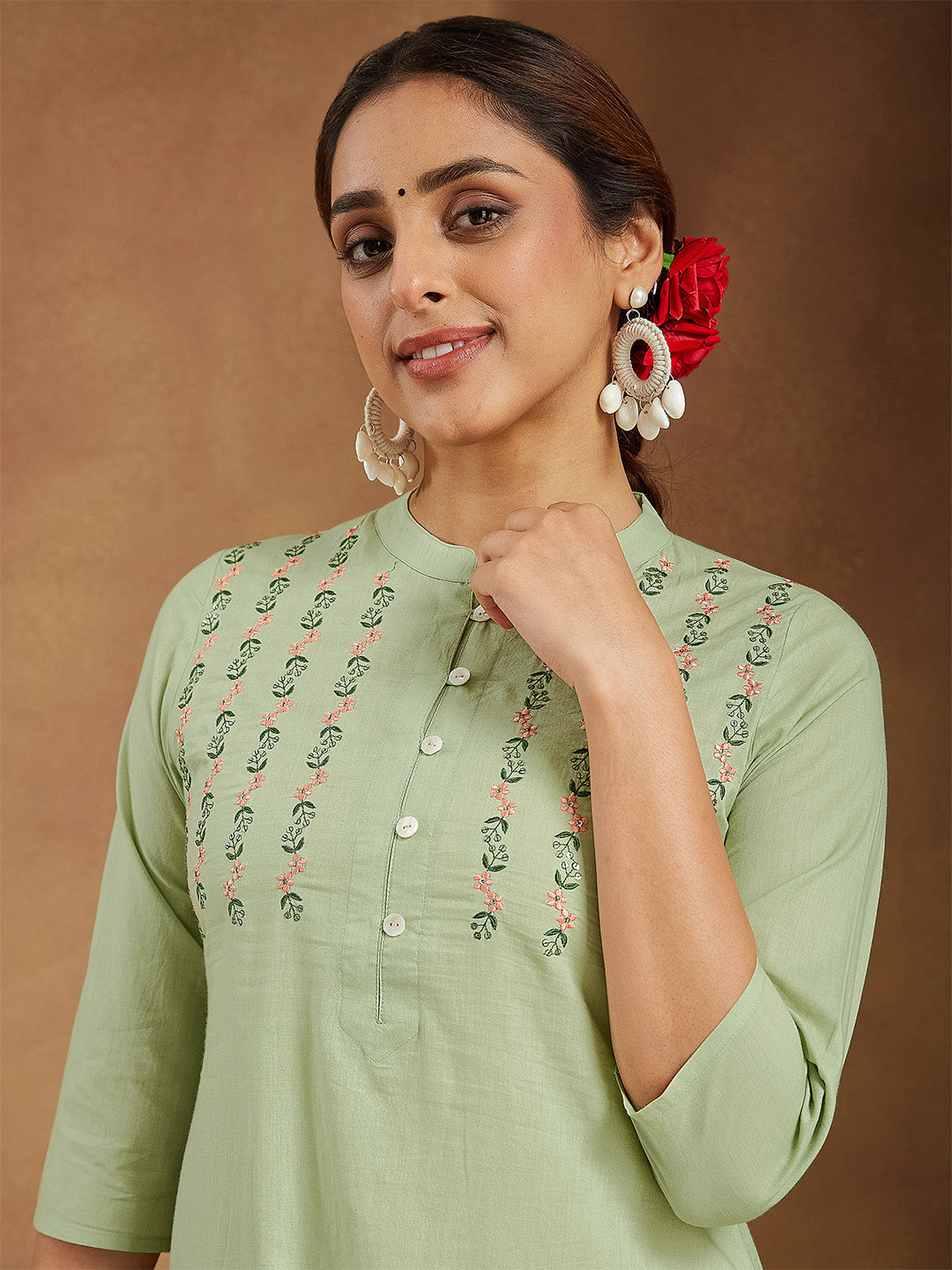 Ninnique Women's Mint Green Pure Cotton Embroidered A-line Kurta Pant Set