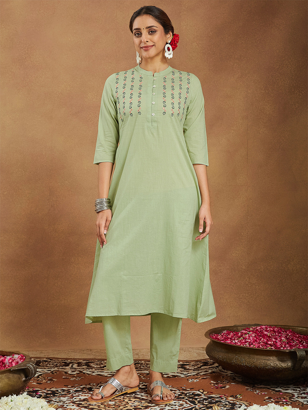 Ninnique Women's Mint Green Pure Cotton Embroidered A-line Kurta Pant Set