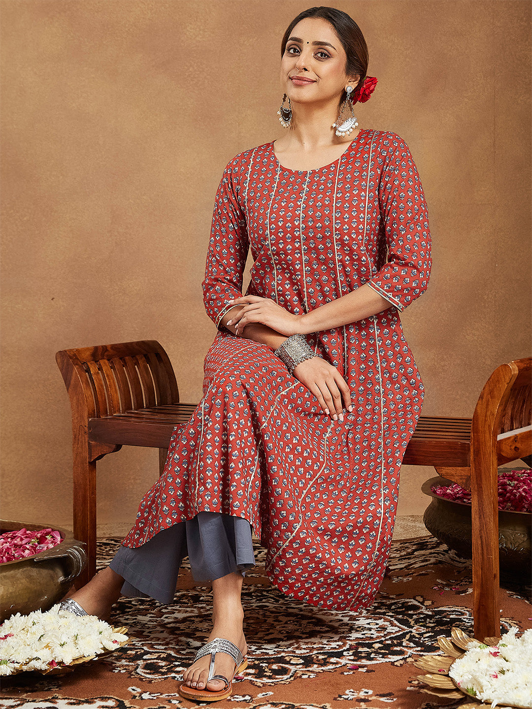 Ninnique Women's Red Pure Cotton Floral Printed Anarkali Kurta With Palazzo Set