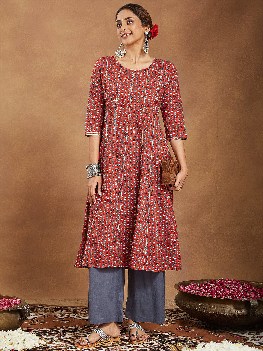 Ninnique Women's Red Pure Cotton Floral Printed Anarkali Kurta With Palazzo Set