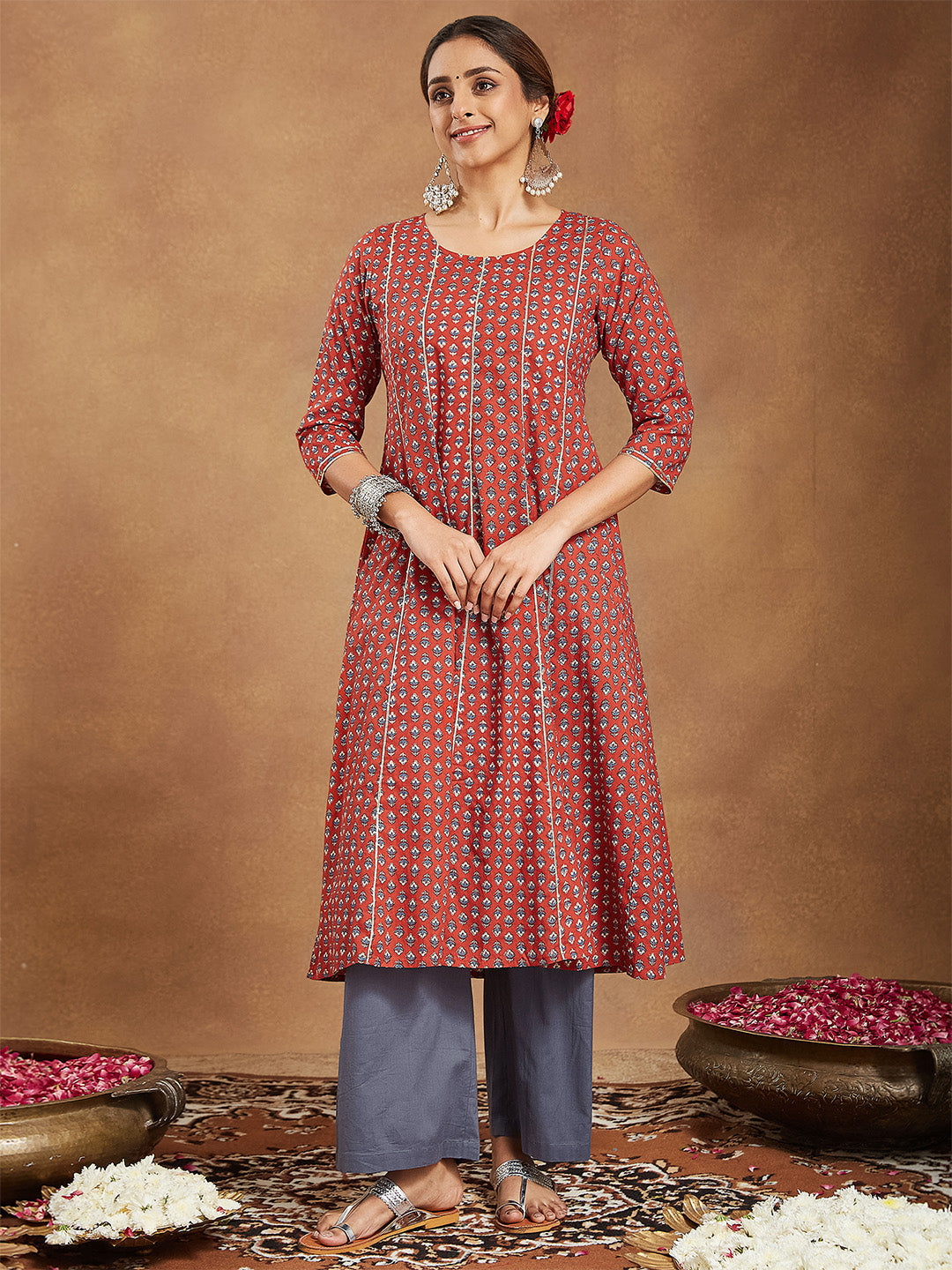 Ninnique Women's Red Pure Cotton Floral Printed Anarkali Kurta With Palazzo Set