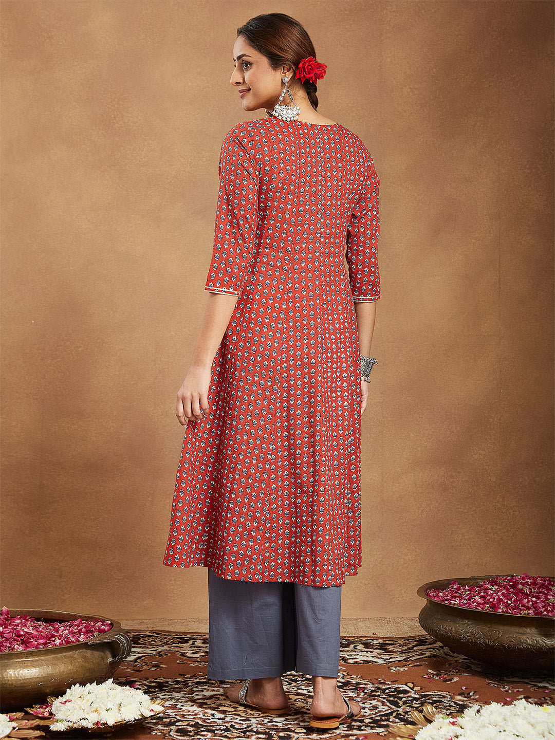 Ninnique Women's Red Pure Cotton Floral Printed Anarkali Kurta With Palazzo Set