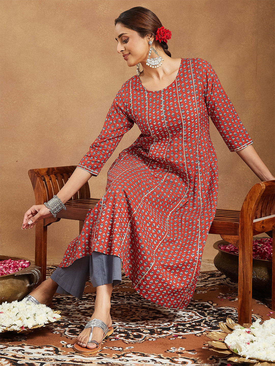 Ninnique Women's Red Pure Cotton Floral Printed Anarkali Kurta With Palazzo Set