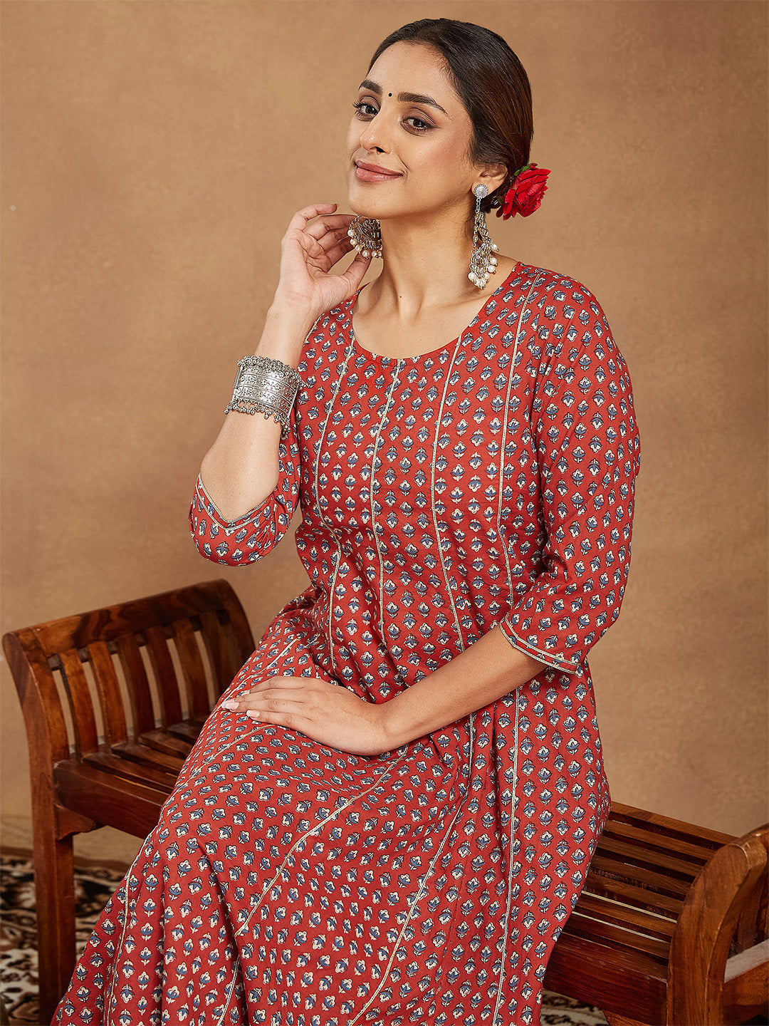 Ninnique Women's Red Pure Cotton Floral Printed Anarkali Kurta With Palazzo Set