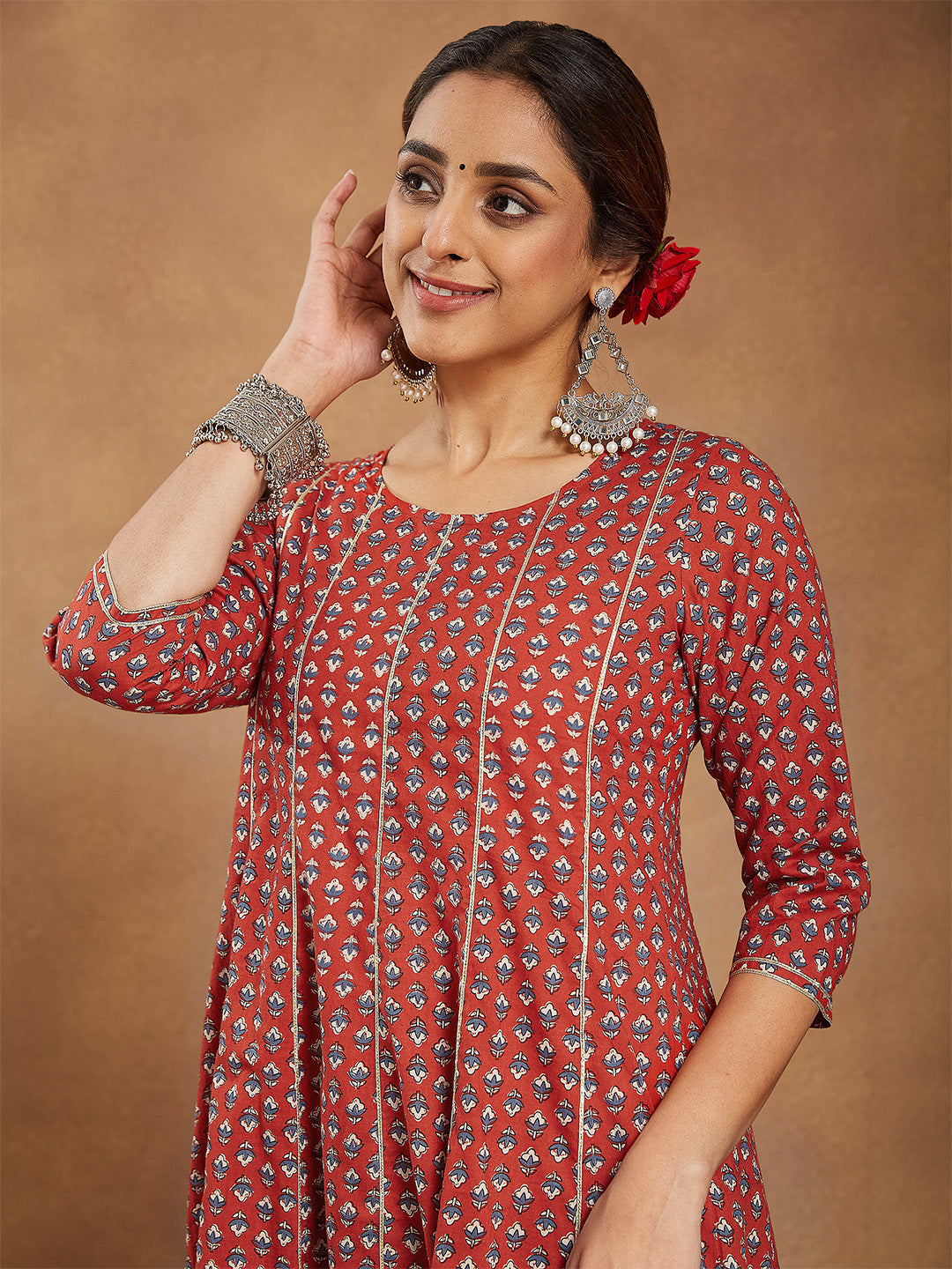 Ninnique Women's Red Pure Cotton Floral Printed Anarkali Kurta With Palazzo Set