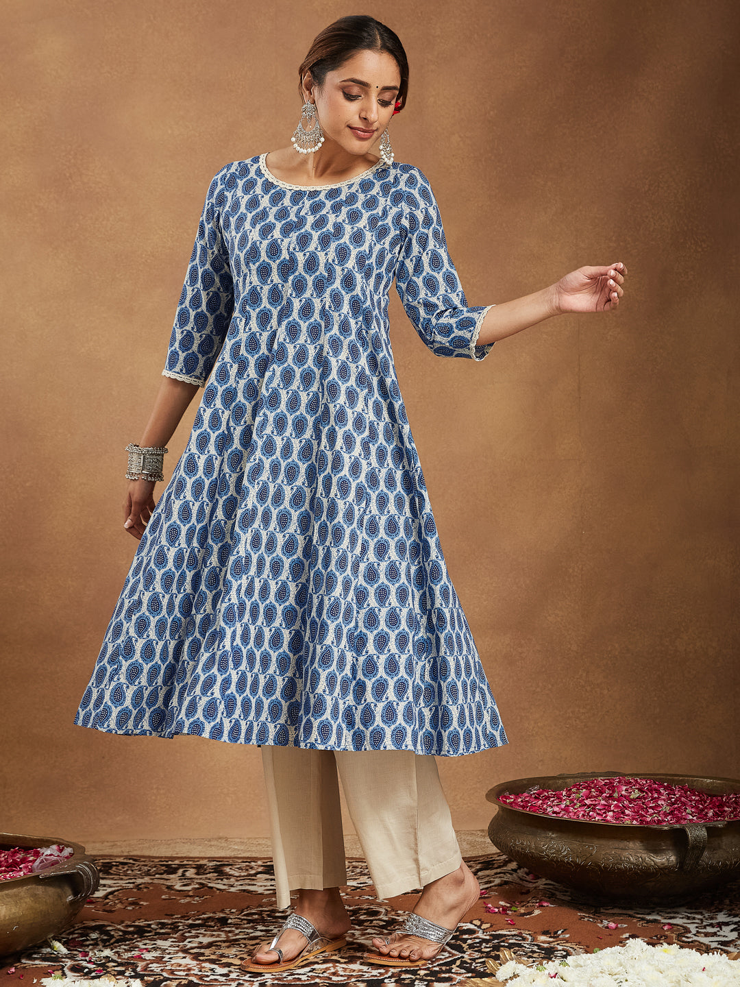 Ninnique Women's Indigo Blue & Beige Pure Cotton Paisley Printed Anarkali Kurta Palazzo Set
