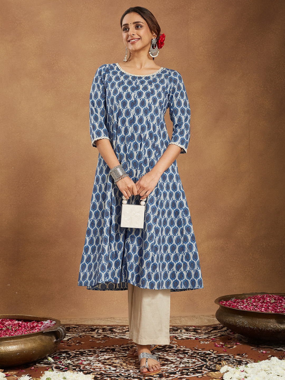Ninnique Women's Indigo Blue & Beige Pure Cotton Paisley Printed Anarkali Kurta Palazzo Set