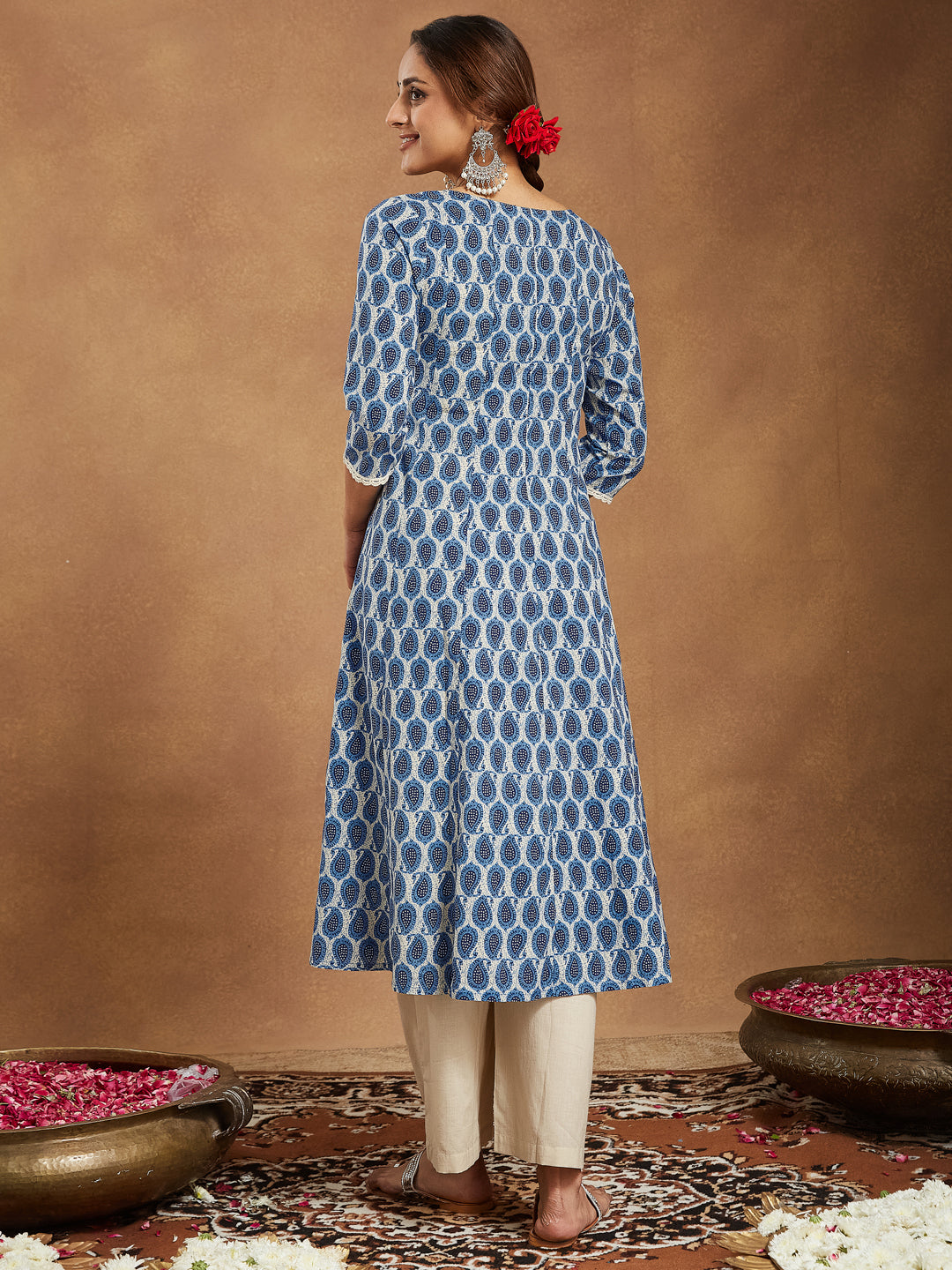 Ninnique Women's Indigo Blue & Beige Pure Cotton Paisley Printed Anarkali Kurta Palazzo Set