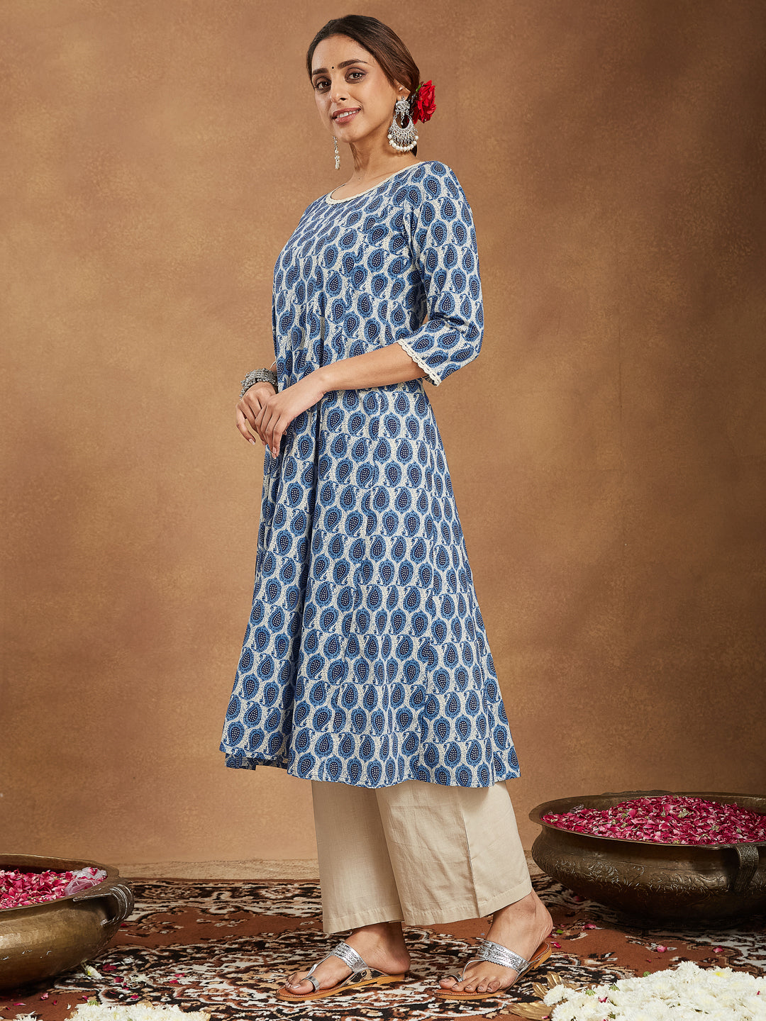 Ninnique Women's Indigo Blue & Beige Pure Cotton Paisley Printed Anarkali Kurta Palazzo Set