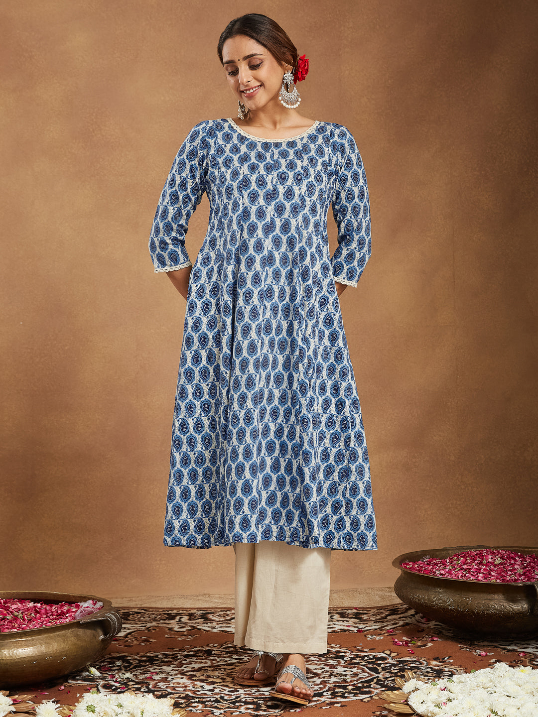 Ninnique Women's Indigo Blue & Beige Pure Cotton Paisley Printed Anarkali Kurta Palazzo Set