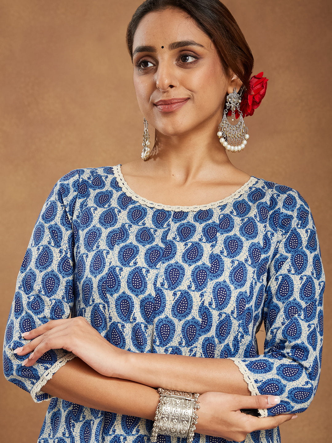 Ninnique Women's Indigo Blue & Beige Pure Cotton Paisley Printed Anarkali Kurta Palazzo Set