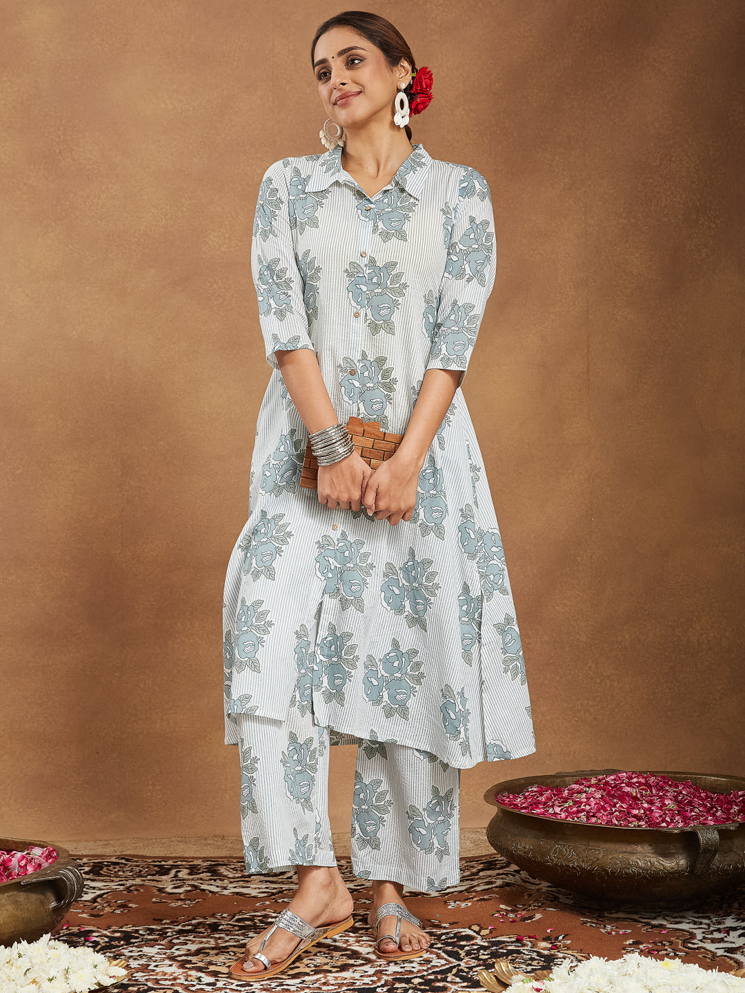 Ninnique Women's White Pure Cotton Floral Printed A-line Shirt Style Kurta With Pant Set